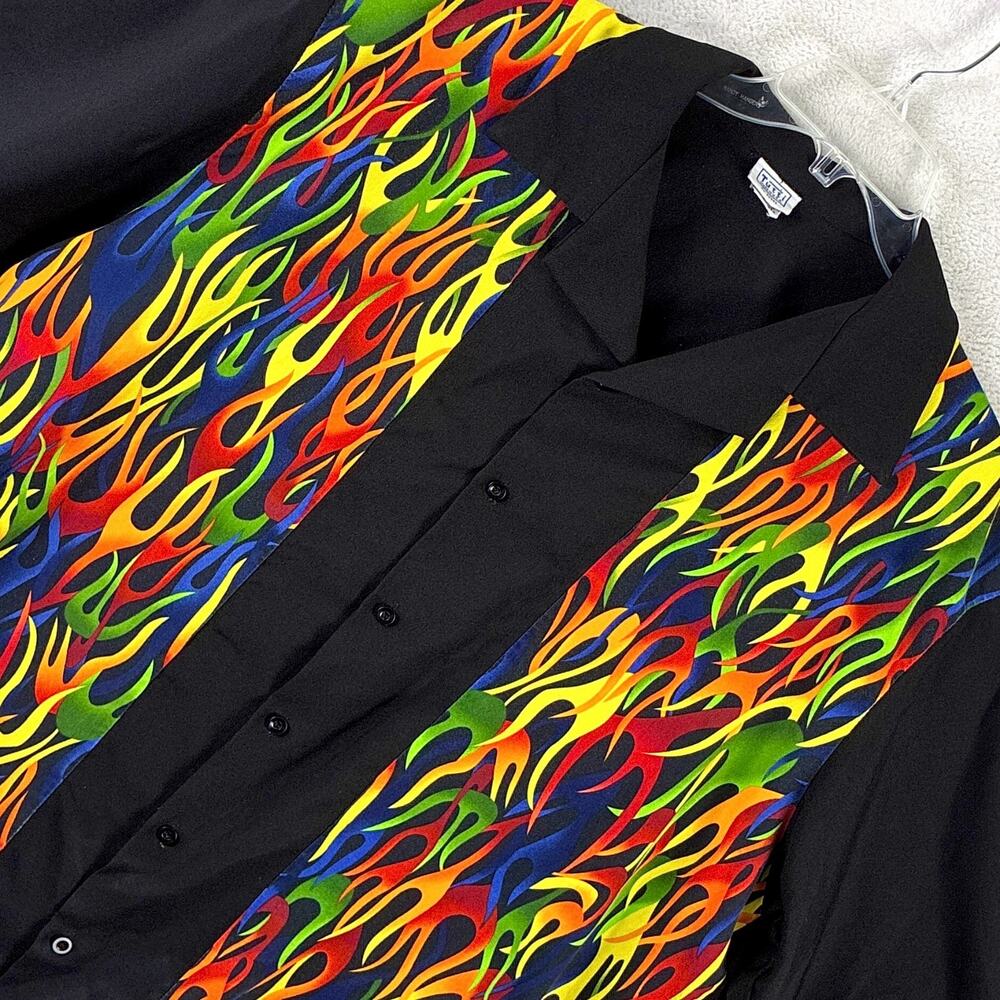 VTG Tutti Bowling Shirt Men 3X Black Multicolor Flame AOP Classic Rockabilly USA